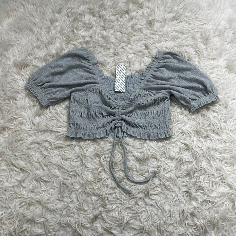Urban Outfitters Lrg Shay Puff Sleeve Ruched Cinched Crop Top Grey Glitter NWT - Picture 2 of 12